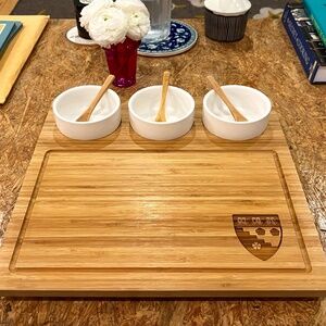 NEW Harvard Insignia Bamboo Serving Tray w/ 3 Ceramic Bowls & Serving Spoons